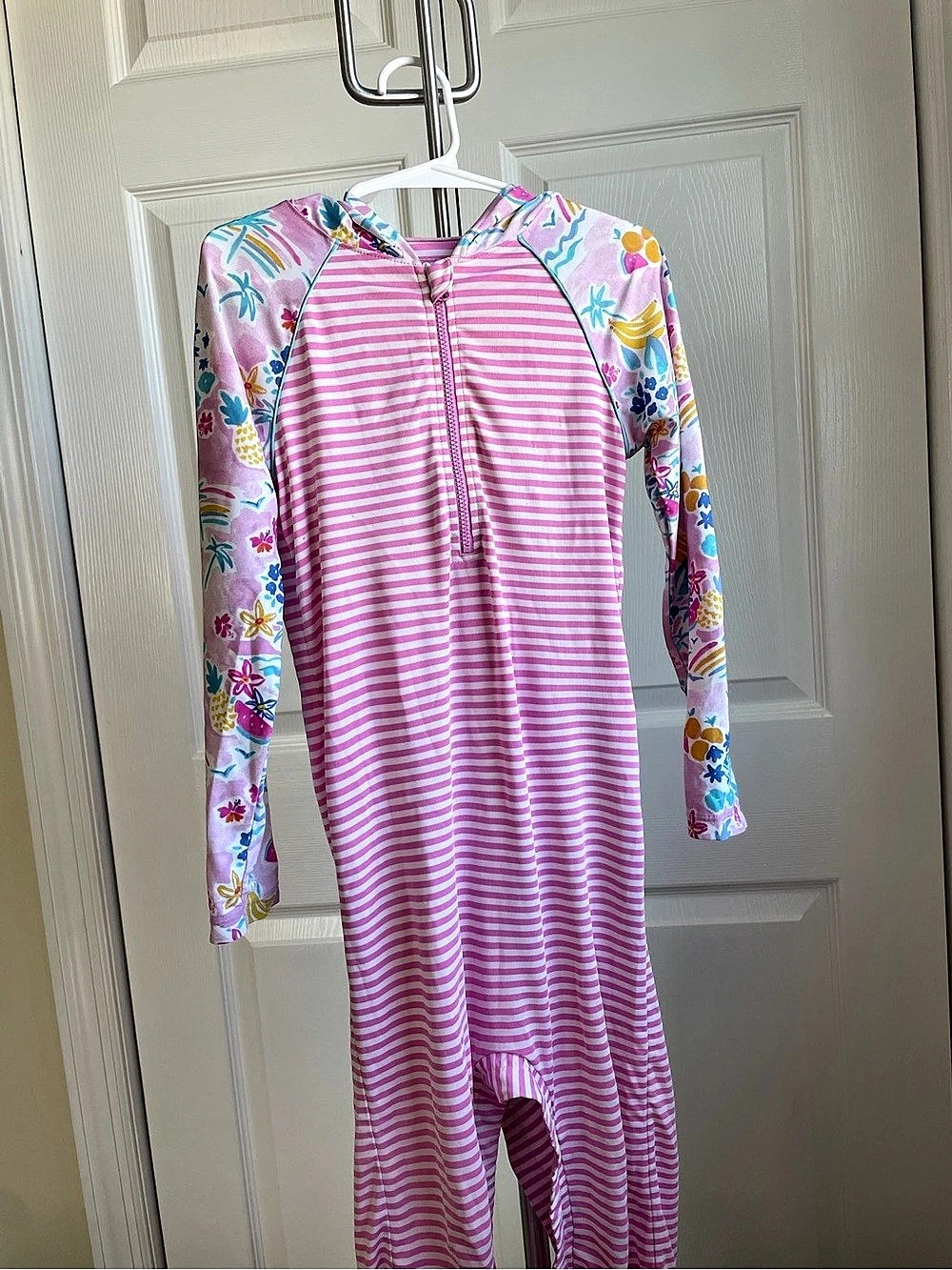 Coolibar Girls Pink Stripe bathing suit with hood